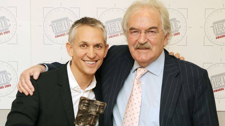 Gary Lineker with the award for The Olympics winning 'HD Programme of the Year' and Des Lynam during the Tric Awards in 2009.
Pic: PA