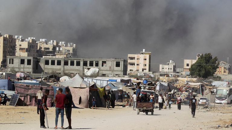 Smoke rises following an Israeli strike on a residential building in Khan Younis, in the southern Gaza Strip. Pic: Reuters