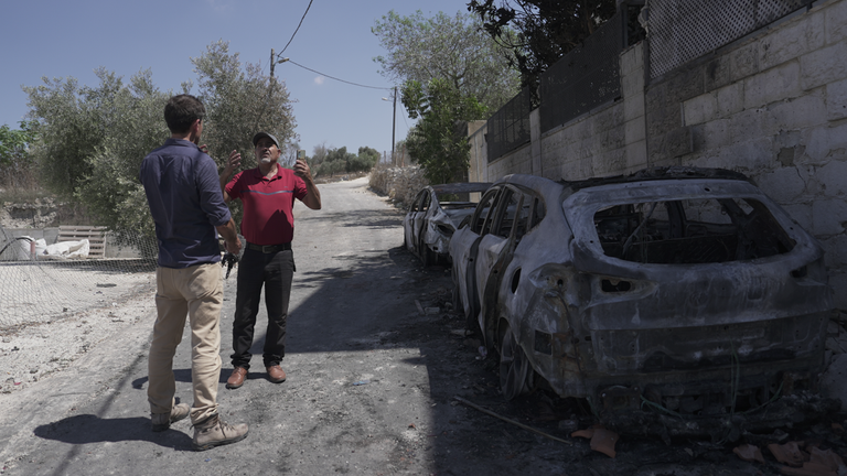 Sky News' Dominic Waghorn speaking to Ibrahim Sadda, a victim of settlers’ attack and relative of man killed in Jit this week