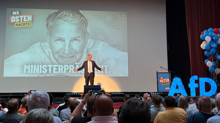 Bjoern Hoecke, AfD leader, in Thuringia, where polls say his party could take 29% of the vote. Pic: Reuters