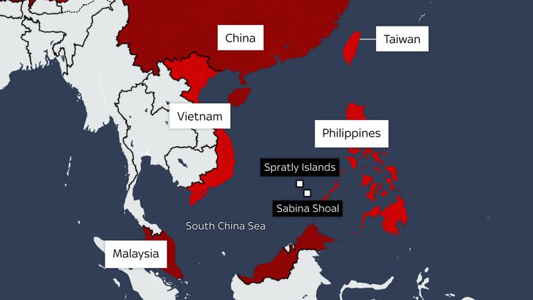 Map of South China Sea. For story on tensions between China and Philippines. 19 August 2024