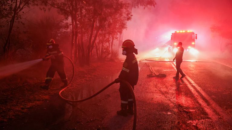 Firefighters try to extinguish a wildfire burning in Dionysos.
Pic: Reuters