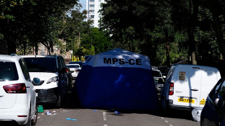 A police tent on Overbury Street near the scene in Rushmore Road, Clapton, east London, after a man in his 30s was stabbed to death. Two men have been arrested. Picture date: Thursday August 29, 2024.