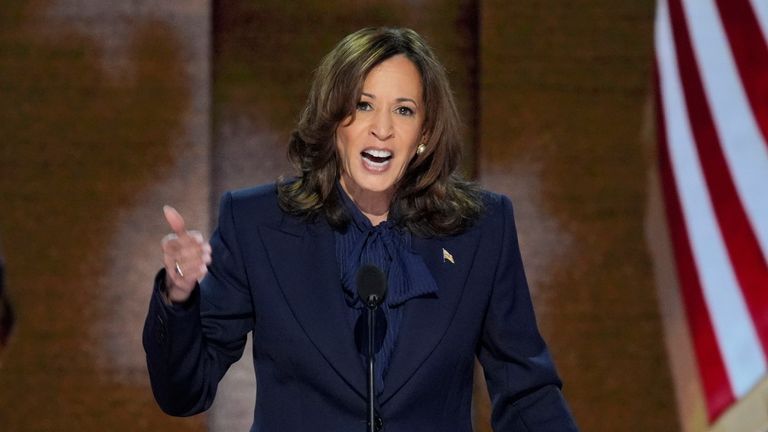 Democratic presidential candidate and Vice President Kamala Harris speaks during the Democratic National Convention, Thursday, Aug. 22, 2024, in Chicago. (AP Photo/J. Scott Applewhite)