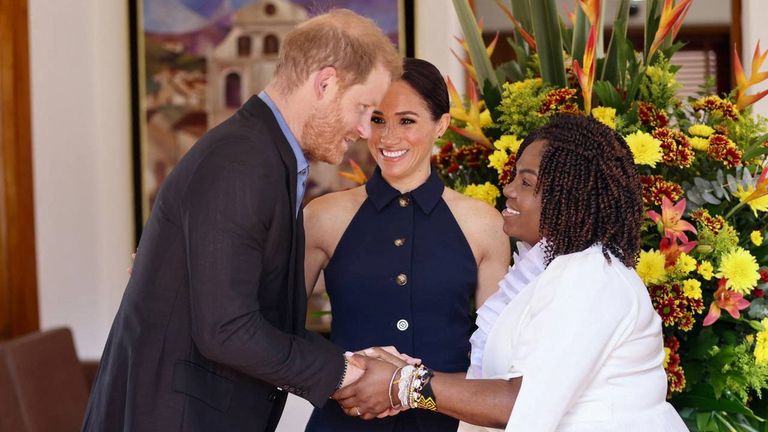 Harry and Meghan meet Colombia's Vice President Francia Marquez. Photo: Reuters