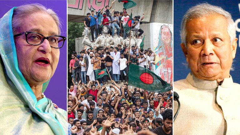 Sheikh Hasina Wazed, protesters in Dhaka, Dr Yunus Muhammad. Pic: Reuters/AP