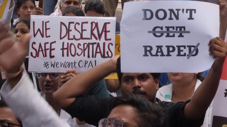 Posters reading “Don’t rape!” and “We deserve safe hospitals” during protests in Delhi