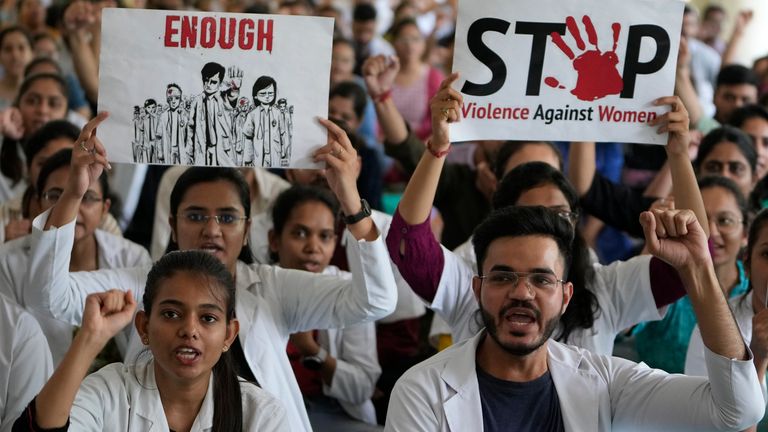 Medical students protest in Ahmedabad. Pic: AP