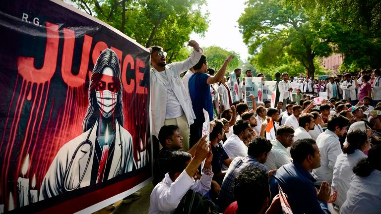 Doctors and paramedics protested in New Delhi on Friday. Pic: AP