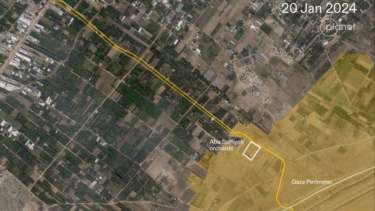 By January 2024 the IDF had cleared land and appeared to be building a new road. Pic: Forensic Architecture