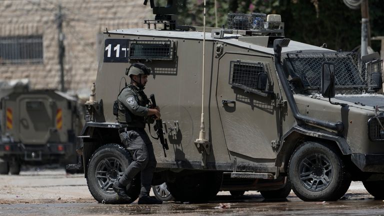 An Israeli soldier in the west Bank city of Jenin on Wednesday. Pic: AP