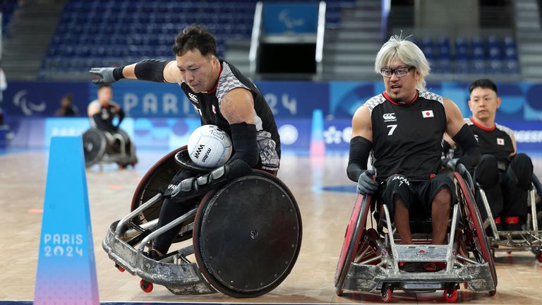 Japan's wheelchair rugby team practices in Paris ahead of the Paralympics. Pic: AP