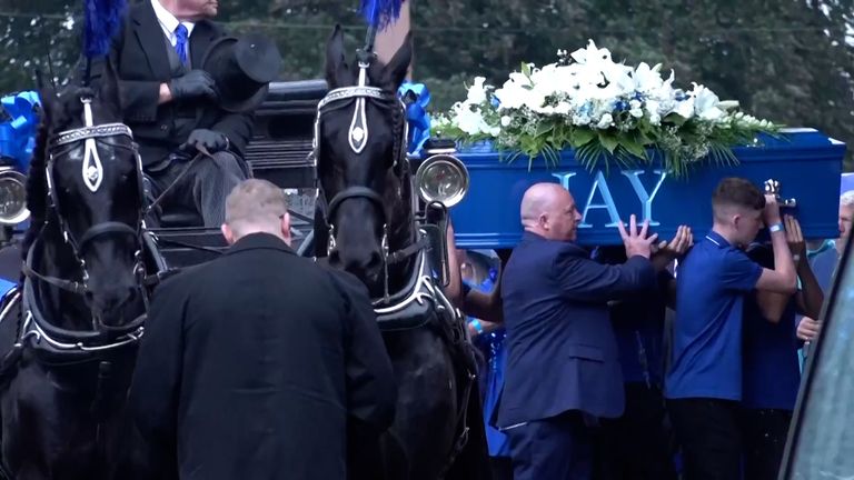 Screengrab taken from PA Video of the coffin of Jay Slater being carried into Accrington Cemetery Chapel in Lancashire, ahead of his funeral, after he died while on holiday in Tenerife in June. Picture date: Saturday August 10, 2024.