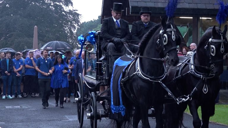 Screengrab taken from PA Video of a horse and carriage leading the cortege arriving for the funeral of Jay Slater at Accrington Cemetery Chapel in Lancashire, ahead of his funeral, after he died while on holiday in Tenerife in June. Picture date: Saturday August 10, 2024.