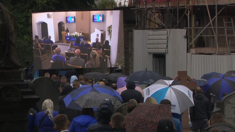 Mourners watched Jay Slater's funeral outside the chapel