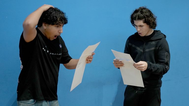 Jayden Dashi (left) and Efe Bulbul receiving their GCSE results at Ark Pioneer in Barnet, north London. Hundreds of thousands of pupils in England, Wales and Northern Ireland are receiving grades to help them progress to sixth form, college or training. Picture date: Thursday August 22, 2024. PA Photo. See PA story EDUCATION GCSEs. Photo credit should read: Jordan Pettitt/PA Wire