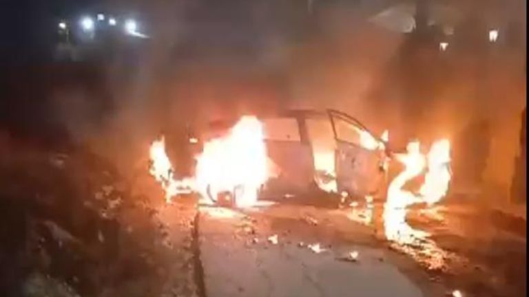 Footage of a car on fire, reportedly in Jit, has been circulating on social media but Sky News has not been able to independently verify it