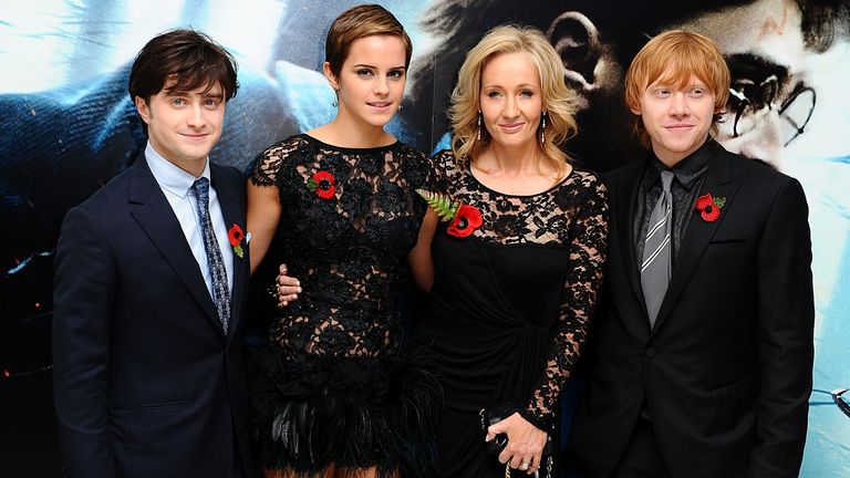 (left to right) Daniel Radcliffe, Emma Watson, JK Rowling and Rupert Grint arriving for the World Premiere of Harry Potter and The Deathly Hallows : Part One, at the Odeon West End, Leicester Square, London.