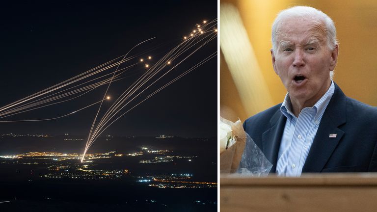 L: Israel's Iron Dome targeting Hezbollah rockets
R: Joe Biden answers questions in Greenville, Delaware
Pics: AP