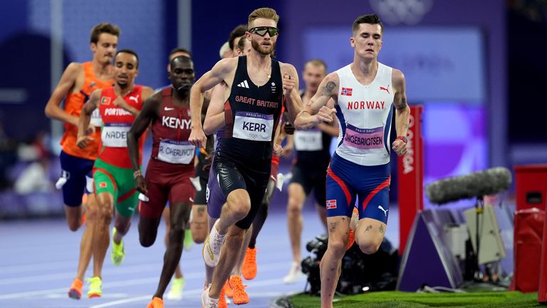 Great Britain's Josh Kerr and Norway's Jakob Ingebrigtsen during the Men's 1500m Semi-Final at the Stade de France on the ninth day of the 2024 Paris Olympic Games in France. Picture date: Sunday August 4, 2024.