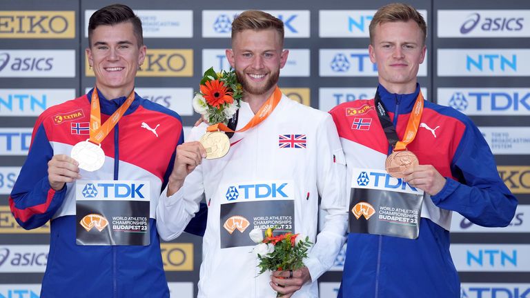 Great Britain's Josh Kerr (gold), Norway�s Jakob Ingebrigtsen (silver) and Norway�s Narve Gilje Nordas (bronze) during the medal ceremony for the Men's 1500 Metres on day seven of the World Athletics Championships at the National Athletics Centre in Budapest, Hungary. Picture date: Friday August 25, 2023.