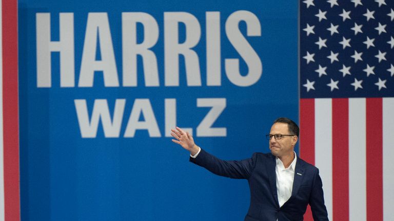 Pennsylvania governor Josh Shapiro arrives at a Kamala Harris rally in Philadelphia. Pic: AP