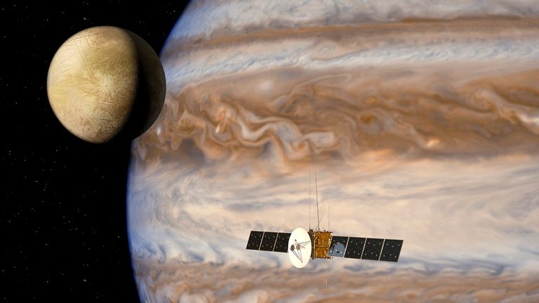 The JUpiter ICy moons Explorer mission, JUICE, is seen in this artist's impression handout from NASA. NASA has selected key contributions to a 2022 European Space Agency (ESA) mission that will study Jupiter and three of its largest moons in unprecedented detail. REUTERS/NASA/ESA/AOES/Handout (OUTER SPACE - Tags: SCIENCE TECHNOLOGY) 