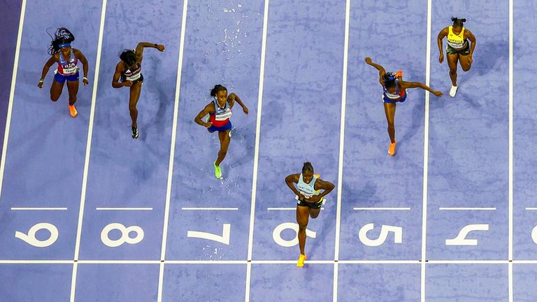 Saint Lucia's Julien Alfred (Lane 6) wins the women's 100-meter final at the Paris Olympics on Aug. 3, 2024, at Stade de France in Saint-Denis, near Paris. Pic: AP