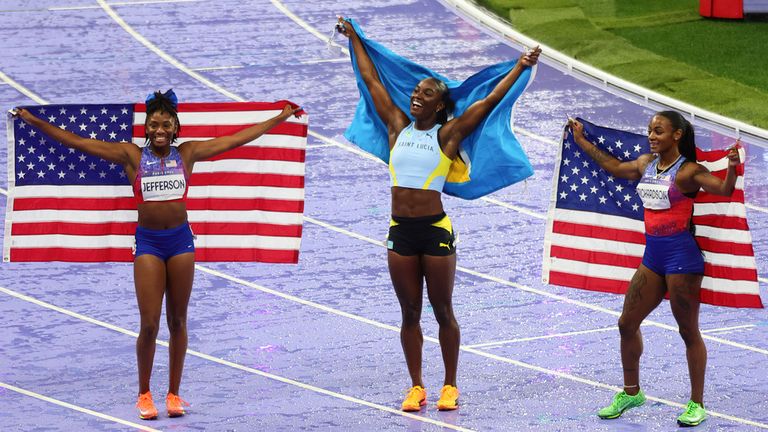 PARIS, FRANCE - AUGUST 03: Julien Alfred of Saint Lucia wins Gold, Silver to Sha'carri Richardson of USA and Bronze to Melissa Jefferson of USA in the 100m Final during the Paris 2024 Olympic Games Athletics Women's 100m Finals at the Stade de France on August 03, 2024 in Paris, France. Pic: AP