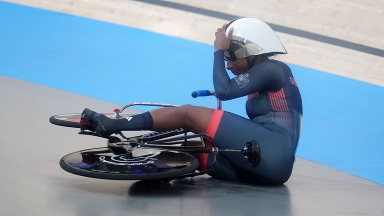 Great Britain's Kadeena Cox crashes in the Women's C4-5 500m Time Trial Final during the Para Track Cycling at the National Velodrome on day one of the Paris 2024 Summer Paralympic Games. Picture date: Thursday August 29, 2024.