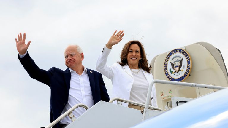 U.S. Vice President and Democratic presidential candidate Kamala Harris and her running mate Minnesota Governor Tim Walz wave as they depart at Chippewa Airport in Eau Claire, Wisconsin, U.S., August 7, 2024. REUTERS/Kevin Mohatt