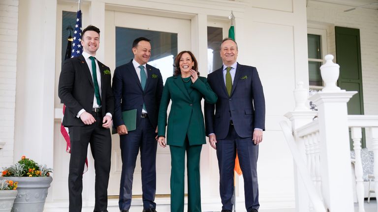 Vice President Kamala Harris and second gentleman Doug Emhoff, right, host a St. Patrick's Day Breakfast with Ireland's Taoiseach Leo Varadkar and his partner Matthew Barrett at the Vice President's residence, Friday, March 17, 2023 in Washington. (AP Photo/Andrew Harnik)