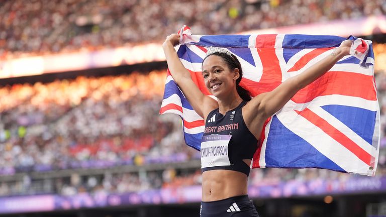 British Katarina Johnson-Thompson celebrates after winning silver in the Women's Heptathlon at the Stade de France, on the fourteenth day of the 2024 Paris Olympic Games, in France. Photo date: Friday, August 9, 2024.