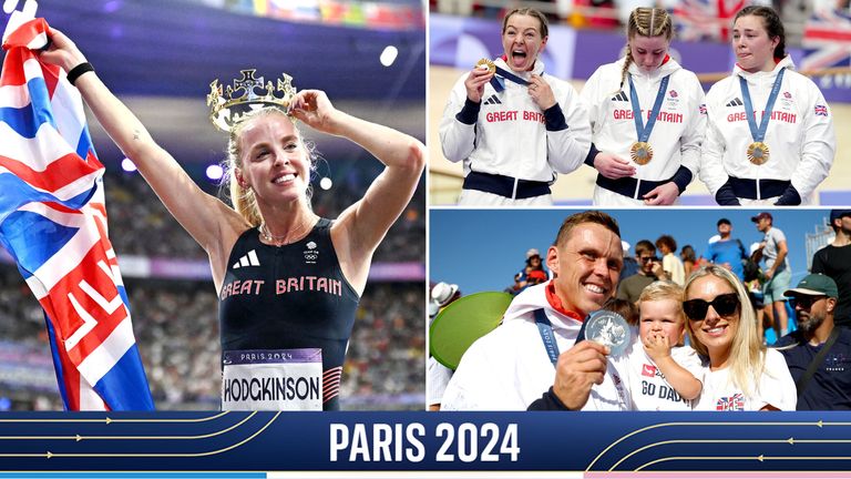 (Clockwise) Keely Hodgkinson celebrates gold in the Women's 800m final, Katy Marchant, Emma Finucane and Sophie Capewell with their women's team sprint gold medals and Joe Clarke poses with wife Annabel and son Hugo after winning silver in the kayak cross final.
Pic: Reuters/PA 