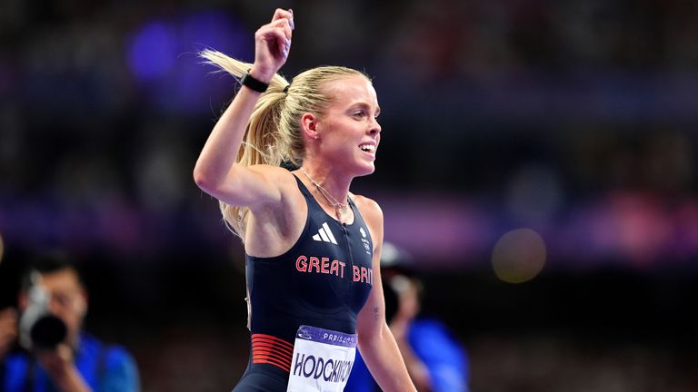 Great Britain's Keely Hodgkinson celebrates winning the Women's 800m Final at the Stade de France on the tenth day of the 2024 Paris Olympic Games in France. Picture date: Monday August 5, 2024. PA Photo. Photo credit should read: Peter Byrne/PA Wire...RESTRICTIONS: Use subject to restrictions. Editorial use only, no commercial use without prior consent from rights holder.