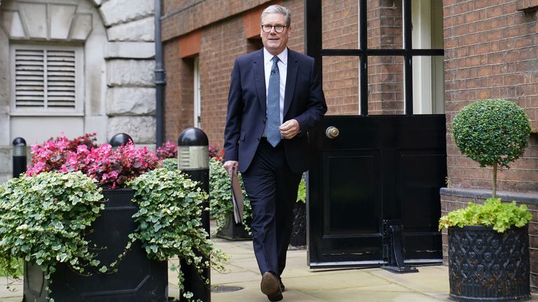 Keir Starmer arrives ahead of his speech and press conference.
Pic: PA