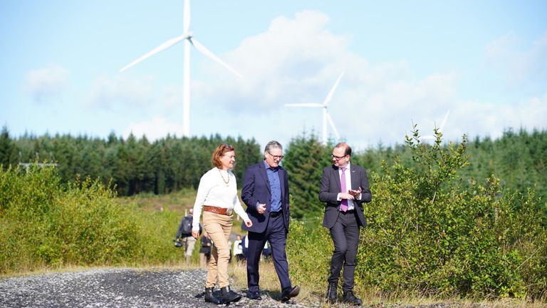 Keir Starmer and First Minister of Wales Eluned Morgan during a visit to Brechfa Forest West Wind Farm in Pencader.
Pic: PA