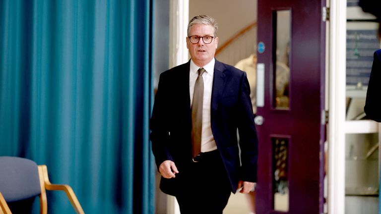 Keir Starmer arrives at a press conference during a visit to Police Service of Northern Ireland (PSNI) training college at Garnerville in Belfast.  Pic: PA