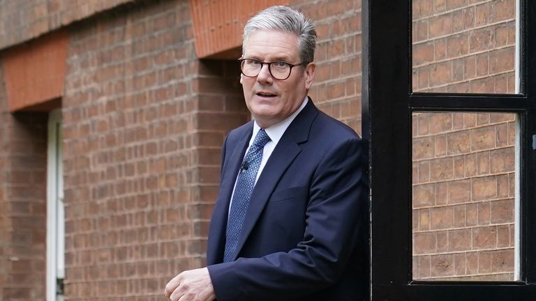 Keir Starmer arrives ahead of his speech and press conference.
Pic: PA