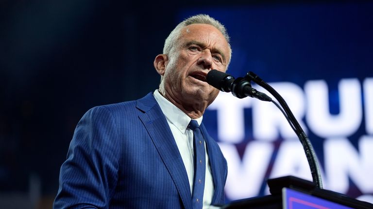 Independent presidential candidate Robert F. Kennedy Jr. speaks as he endorses Republican presidential nominee former President Donald Trump at a campaign rally at the Desert Diamond Arena, Friday, Aug. 23, 2024, in Glendale, Ariz. (AP Photo/Evan Vucci)