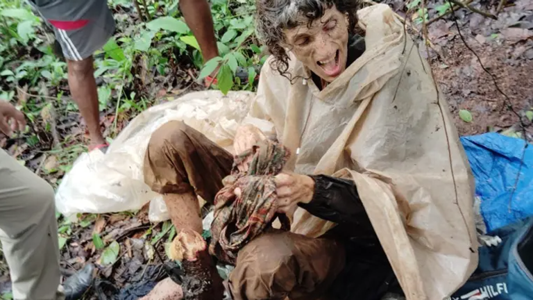 The 50-year-old was found by rescue teams after a shepherd heard her shouts. Pic: Sawantwadi Rescue Team