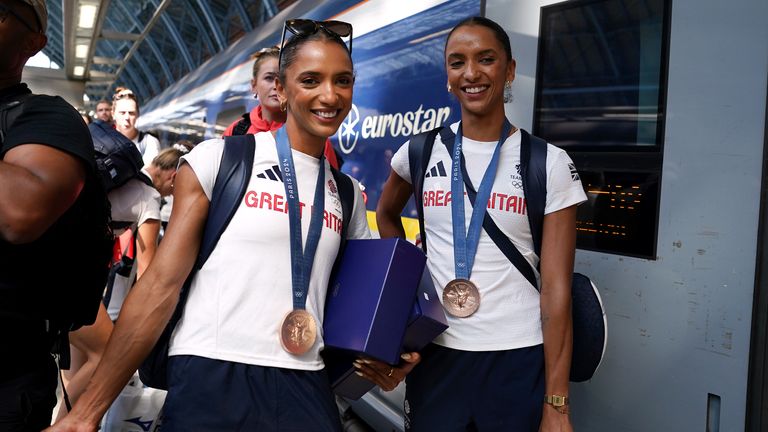 Laviai Nielsen and Lina Nielsen (right) arrive by Eurostar into London St. Pancras International train station after competing at the 2024 Paris Olympic Games in France. Picture date: Monday August 12, 2024. Jordan Pettitt/PA Wire