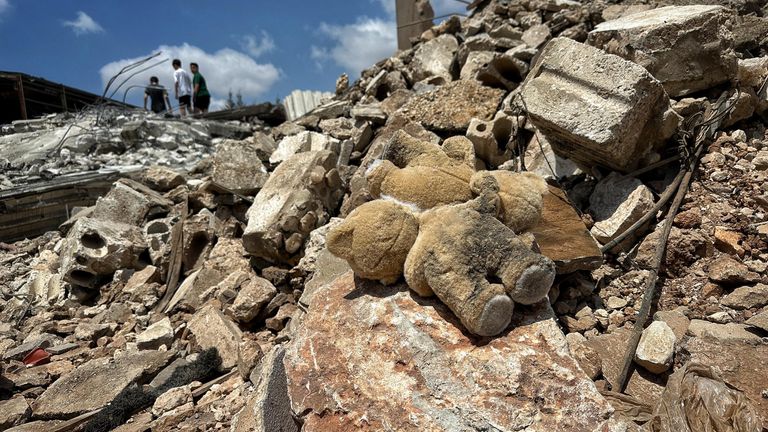 A teddy bear amid the rubble in Kfor near Nabatieh town, Lebanon