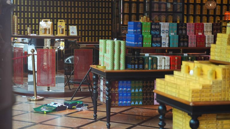 Discarded clothing and emergency medical equipment in the TWG Tea shop in Leicester Square.
Pic: PA