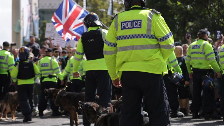 Heavy police presence as people protest in Liverpool, following the stabbing attacks on Monday in Southport, in which three young children were killed. Picture date: Saturday August 3, 2024.

