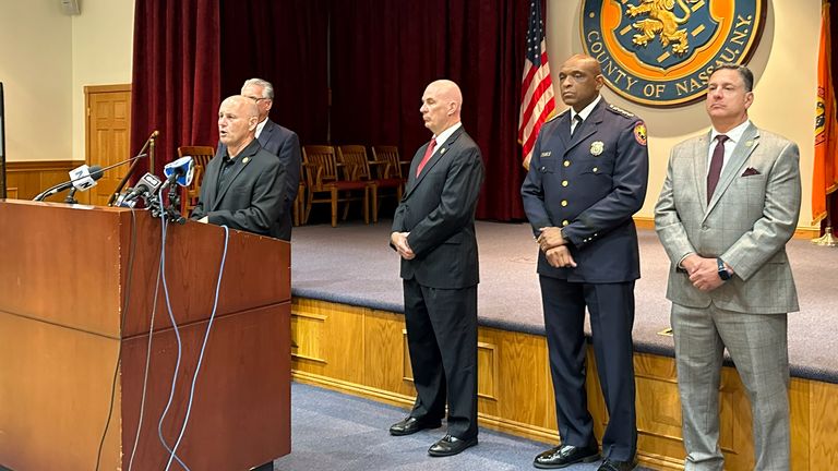 Nassau County Police Commissioner Patrick Ryder speaks at a podium at Nassau County Police Department headquarters in Mineola, N.Y., Monday, Aug. 26, 2024. (AP Photo/Philip Marcelo)


