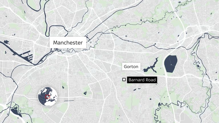 A map showing Barnard Road in the Gorton area - where the stabbing incident happened