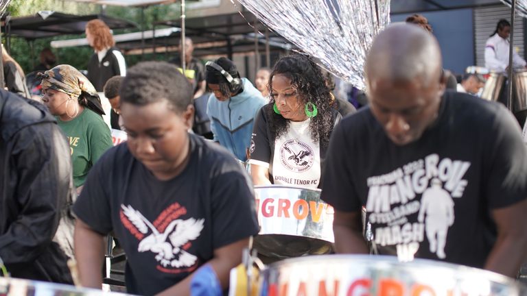 Members of Mangrove Steelband performing during Notting Hill Carnival's Panorama evening. Pic: PA