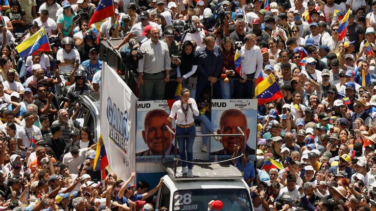 Venezuelan opposition leader Maria Corina Machado attends a protest against election results on 3 August. Pic: Reuters