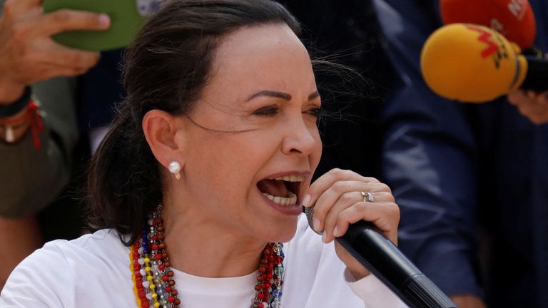 Venezuelan opposition leader Maria Corina Machado at a rally on 3 August. Pic: Reuters